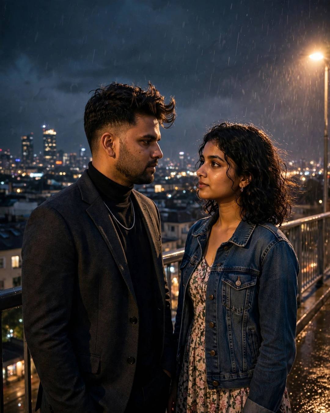 Couple facing each other on a rain-washed bridge at night, city lights glittering behind