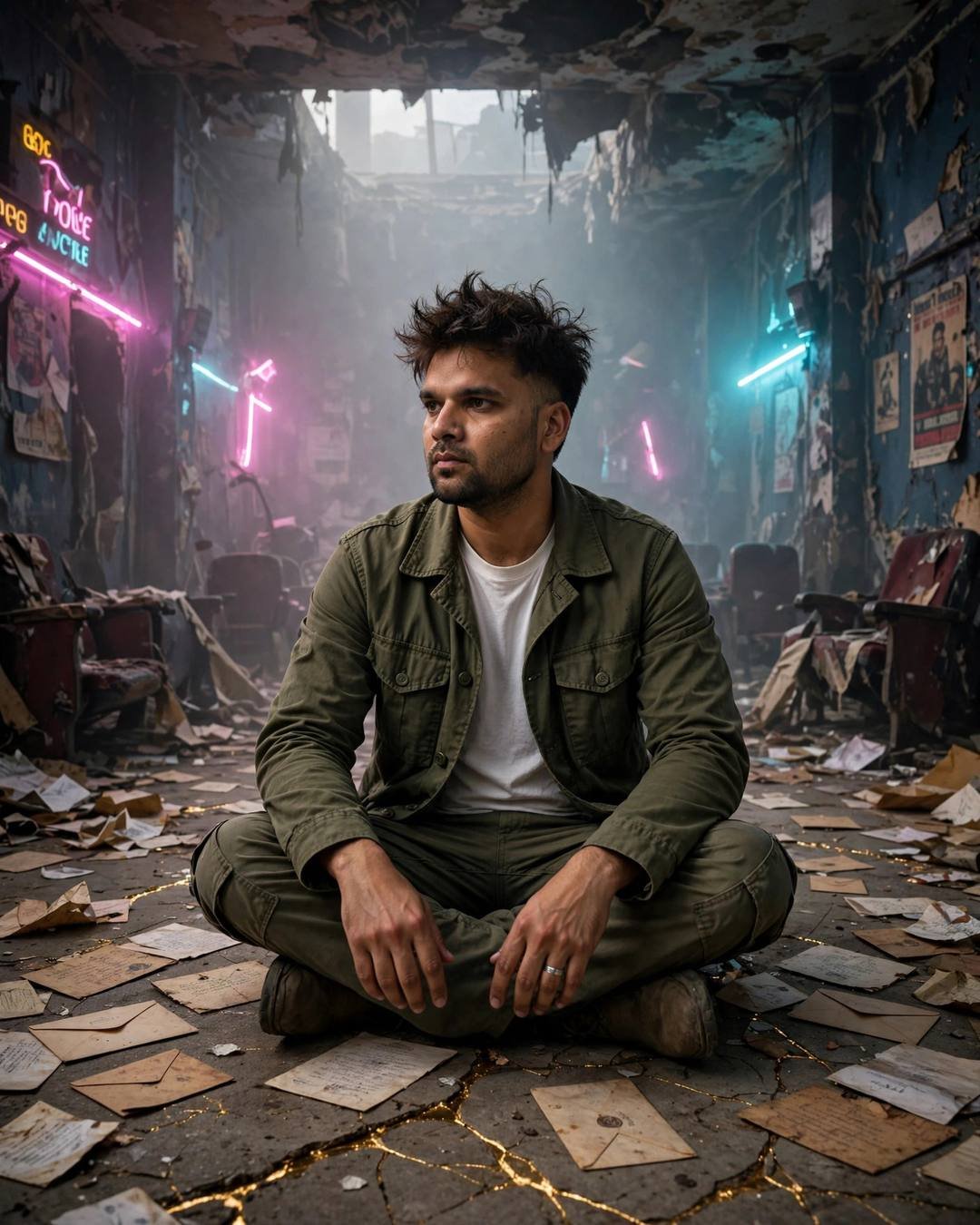 Man in olive jacket sitting cross-legged among old letters in an abandoned cinema, neon pink and cyan light, gold cracks