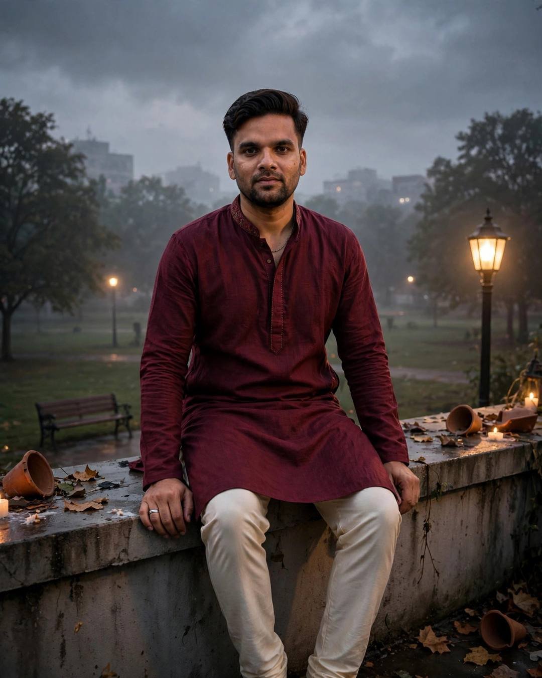 Young Indian man in maroon kurta sitting on a rooftop ledge at dawn, candles glowing, misty park below