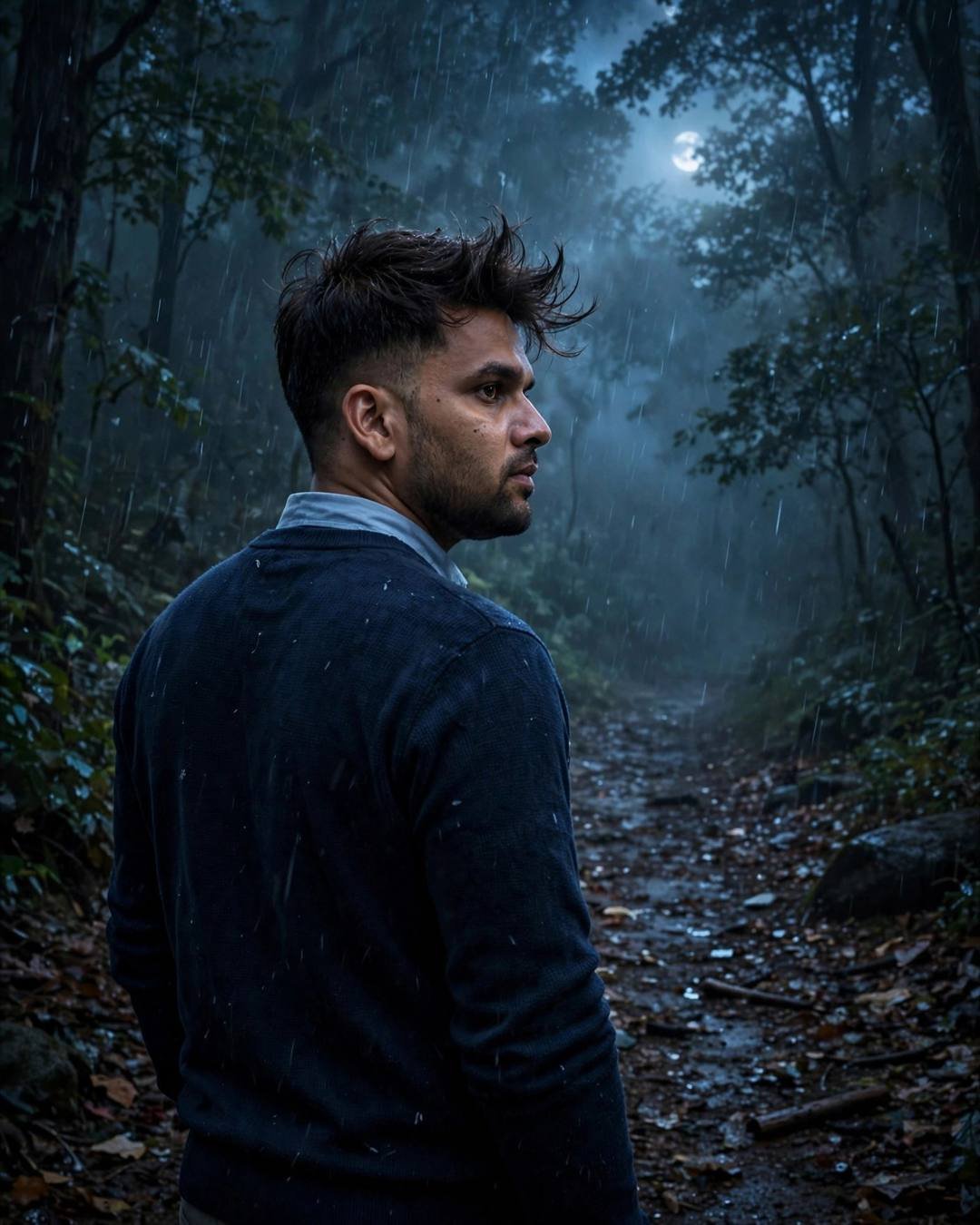 Young Indian man in navy sweater looking over his shoulder on a misty forest path at night, moon through rain