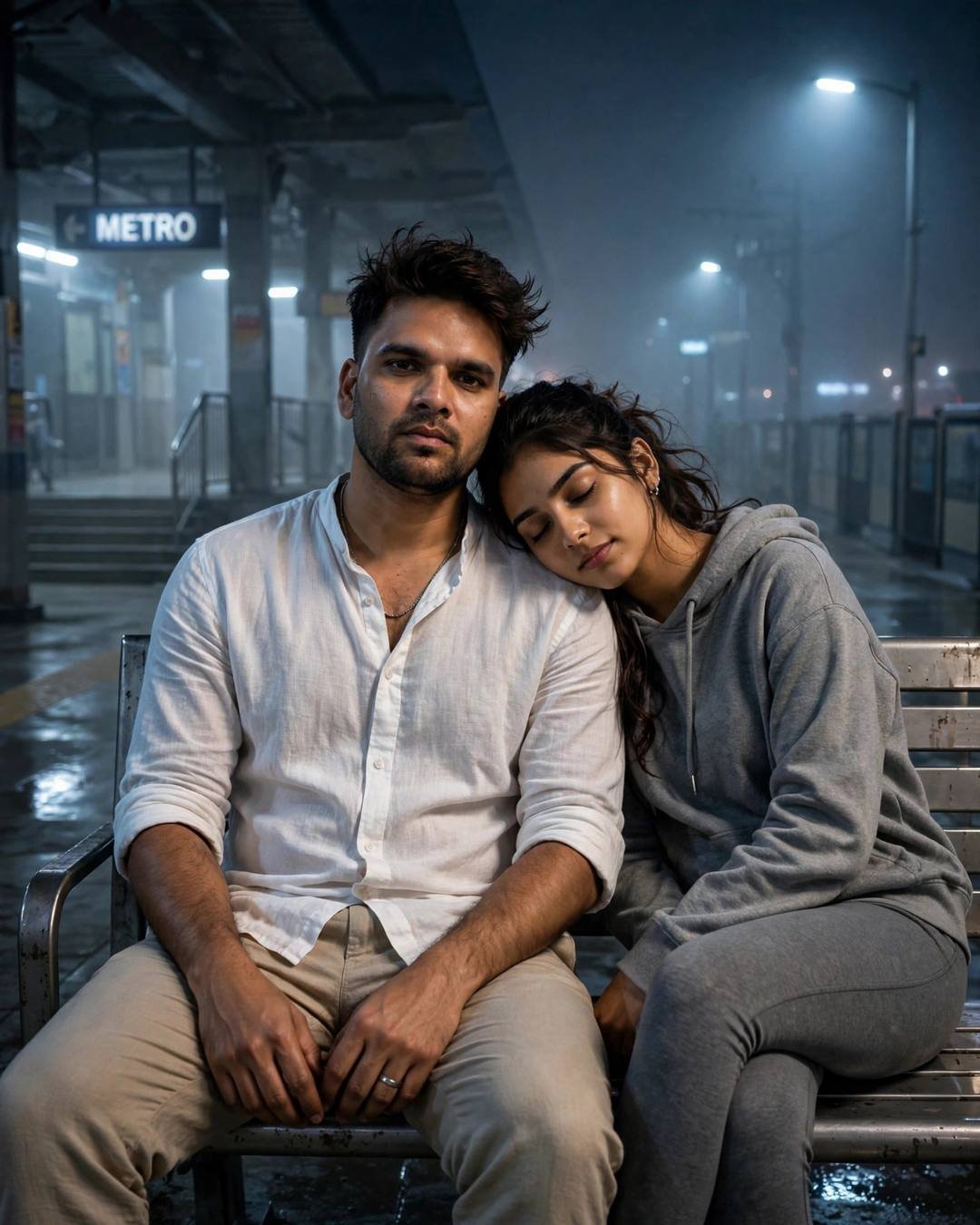 Young Indian couple sitting close on a metro station bench in dense fog at night, her head on his shoulder