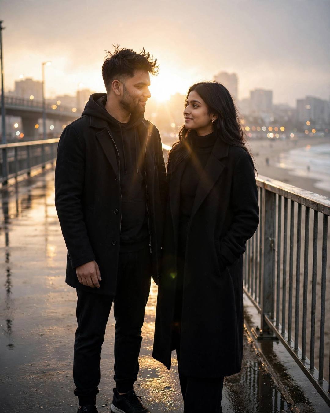 Young Indian couple standing face to face on a bridge at dawn, golden backlight, beach and blurred city behind