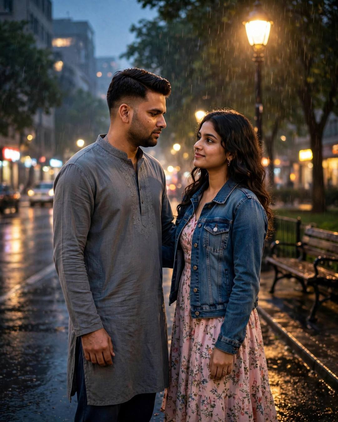 Young Indian couple slow-dancing under a lone park lamp at night, man in grey kurta, woman in denim jacket