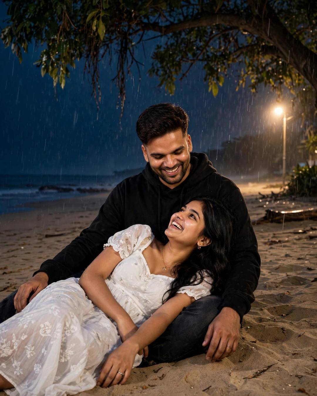 Young Indian couple laughing together on a beach at midnight under a tree in drizzle, woman leaning back against him