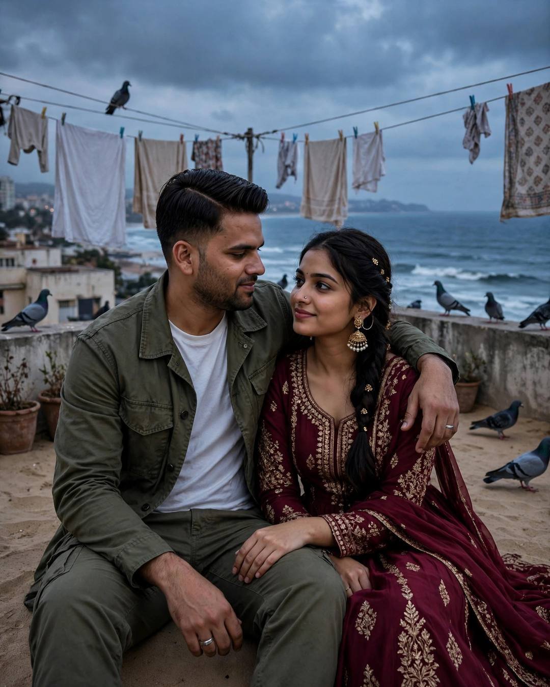 Young Indian couple sitting close on a terrace above the sea, looking at each other, laundry lines and pigeons around
