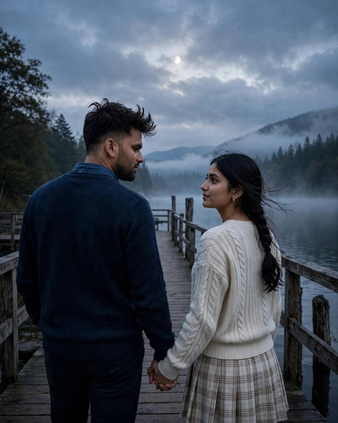 Young Indian couple walking hand in hand on a misty lake pier at dusk, turning to look back at each other, moon through cloud
