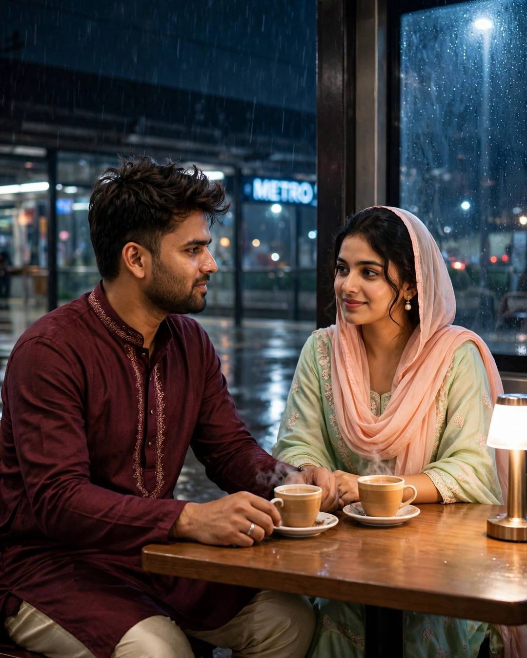 Young Indian couple at a cafe table by a rain-streaked window at midnight, two cups of chai, METRO sign glowing beyond