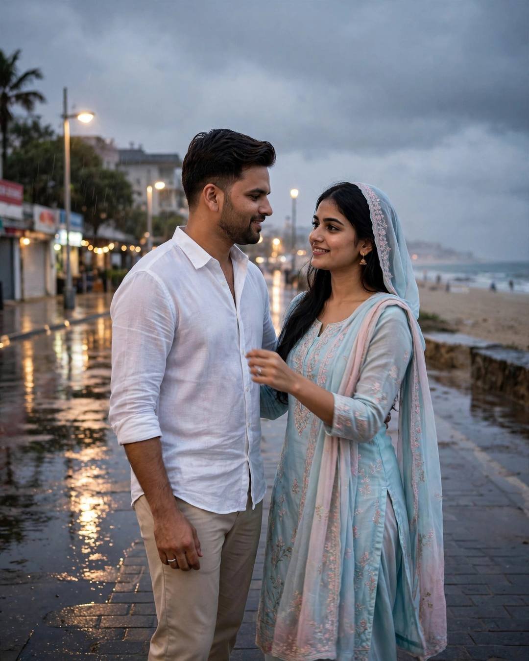 Young Indian couple walking on a wet seaside promenade at dusk, woman pointing, man in white linen shirt, woman in pastel salwar-kameez