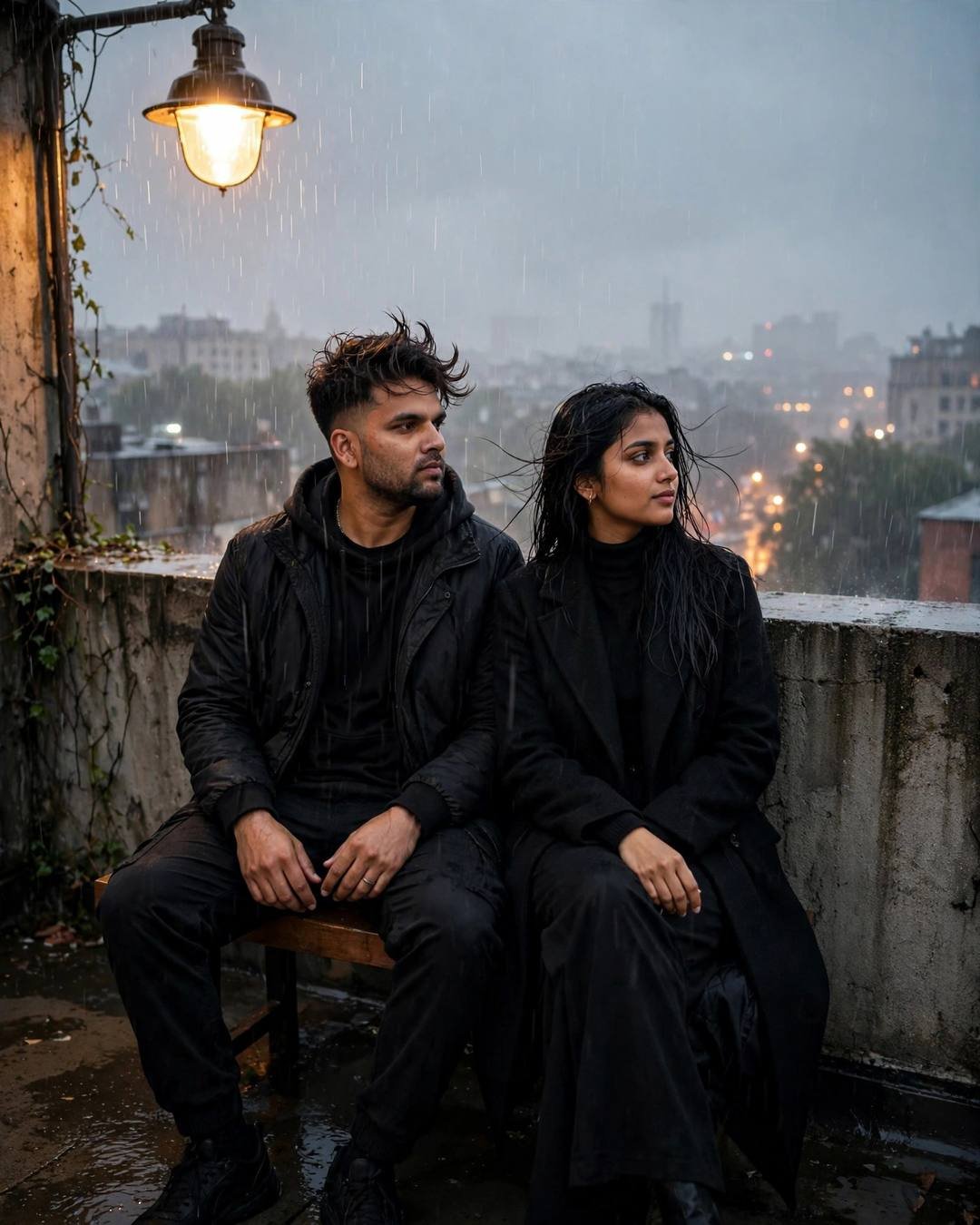 Couple sitting on a rooftop bench in heavy monsoon rain under a warm lamp, both in black, city blurred below