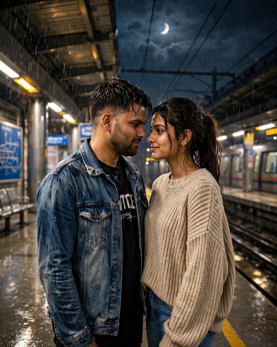 Couple face to face with foreheads almost touching on a midnight metro platform in the rain, man in denim jacket, woman in beige sweater