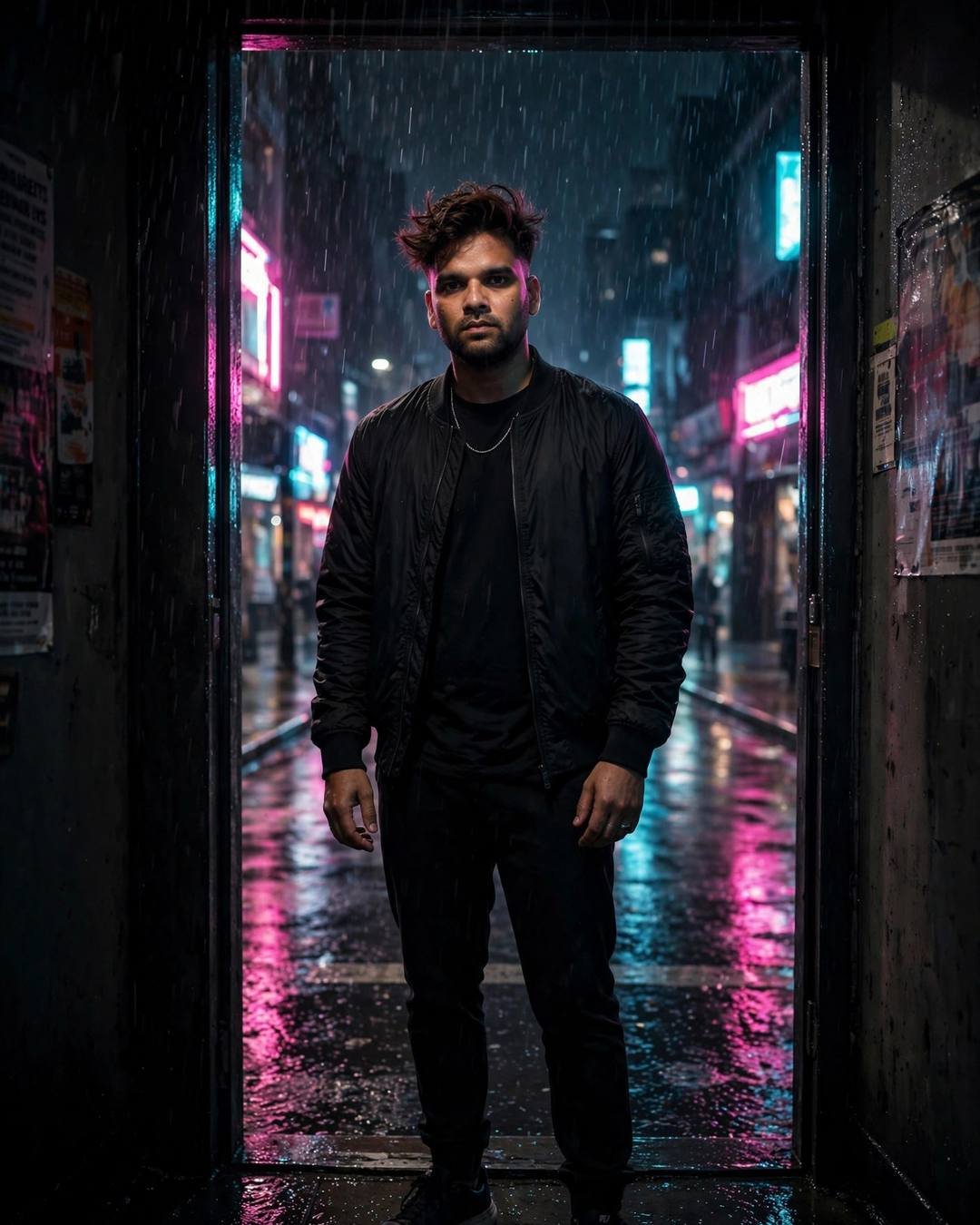 Young Indian man in all-black streetwear standing in a doorway, rain-soaked neon city street glowing pink and cyan behind him