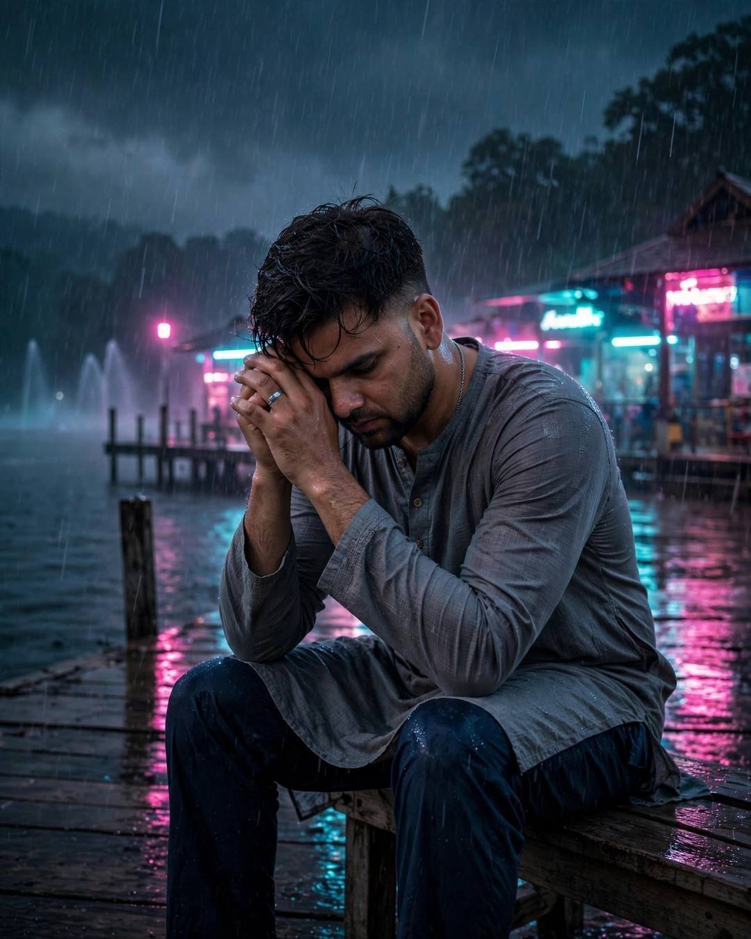 Young Indian man in a grey kurta sitting on a rainy lake pier at night, head bowed, neon signs glowing pink and cyan across the water