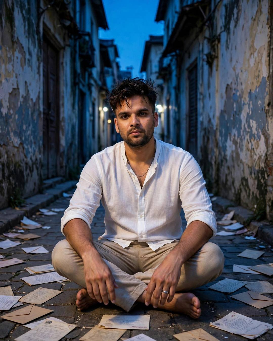 Young Indian man in a white linen shirt sitting cross-legged in a narrow old-city lane at blue hour, surrounded by old letters