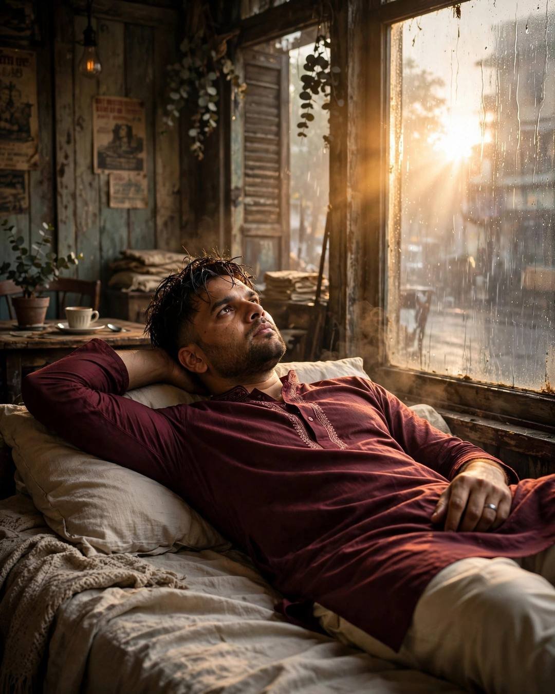 Young Indian man in maroon kurta lying on a bed by a fogged window, staring at the ceiling as rain falls outside