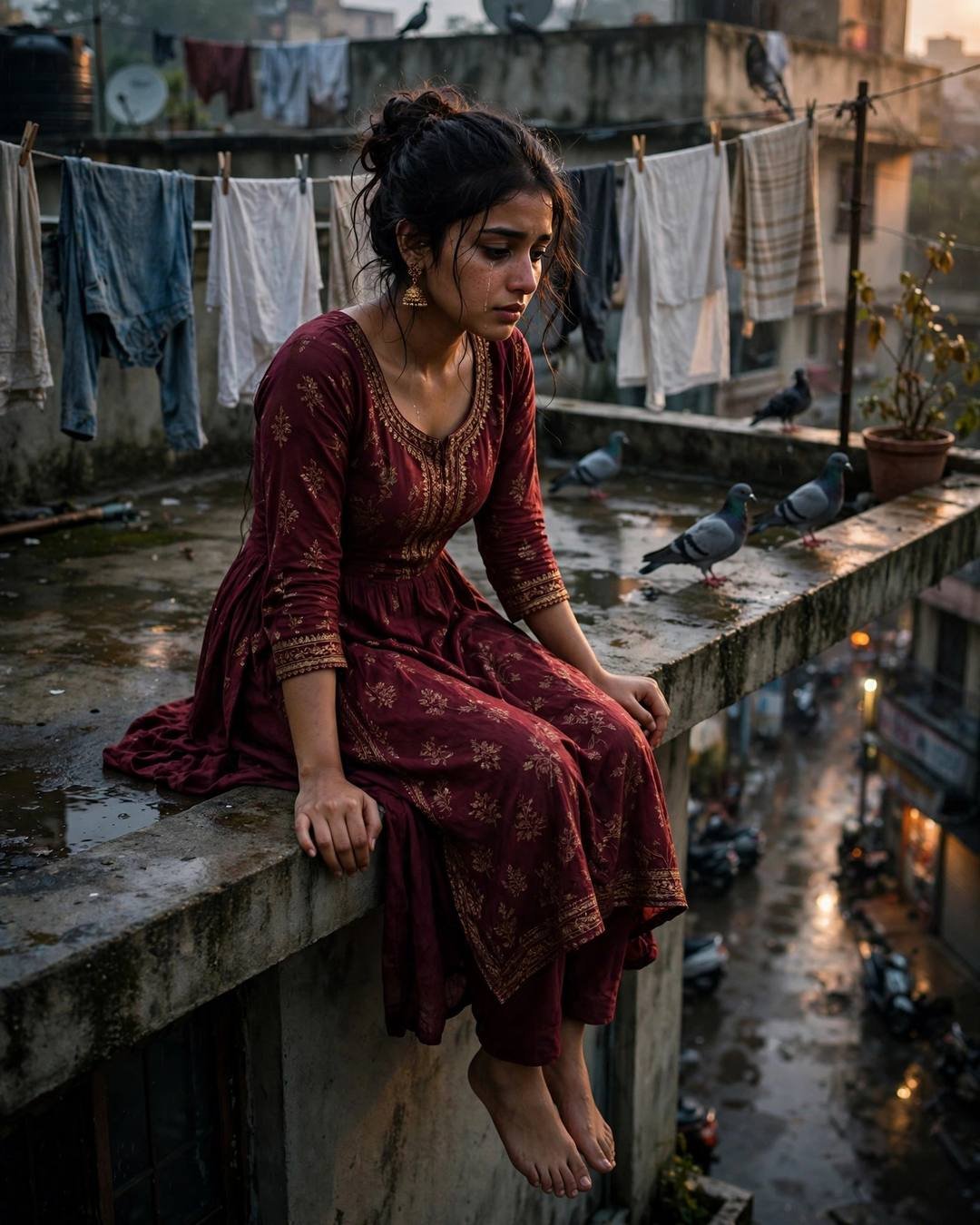 Young Indian woman in maroon anarkali sitting on a terrace ledge with feet dangling over a rain-wet street, pigeons nearby