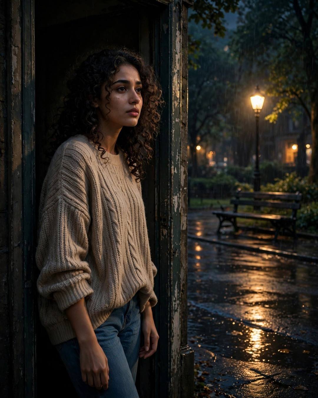 Young Indian woman in beige sweater standing in a doorway at midnight, rain-wet park with lone lamp behind