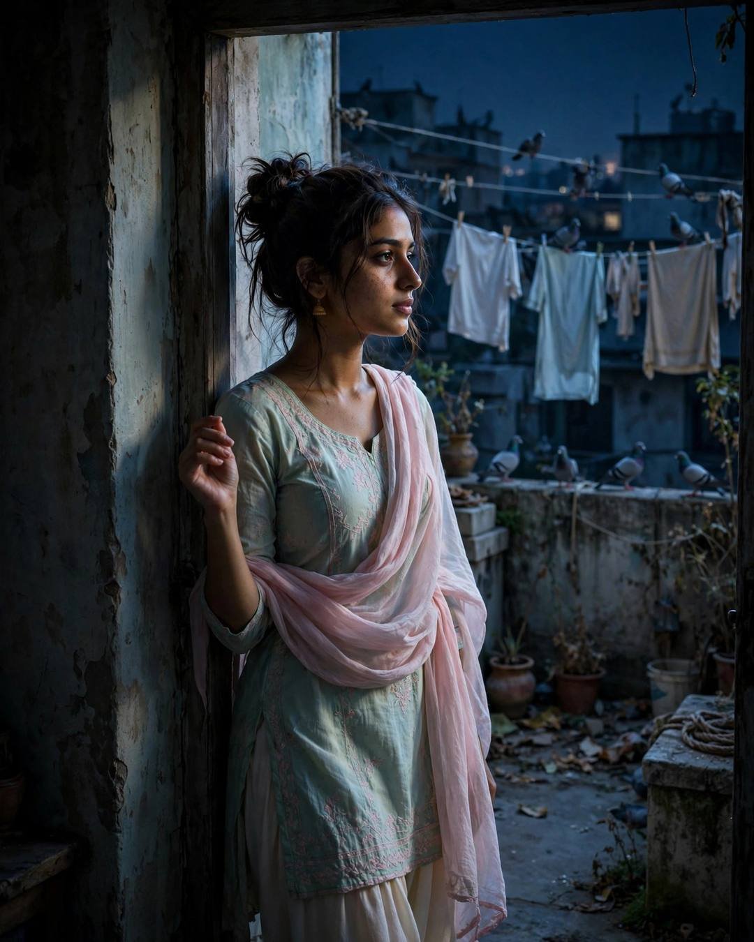 Young Indian woman in pastel salwar-kameez at a terrace doorway at blue hour, clothes lines and pigeons behind