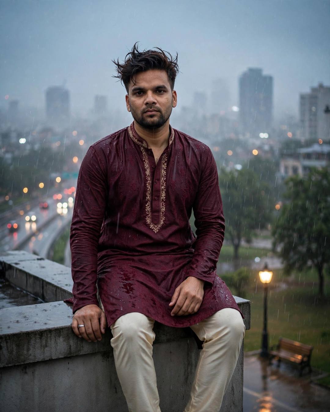 Young Indian man in a maroon kurta sitting on a rooftop ledge in the drizzle above a glowing rain-lit city