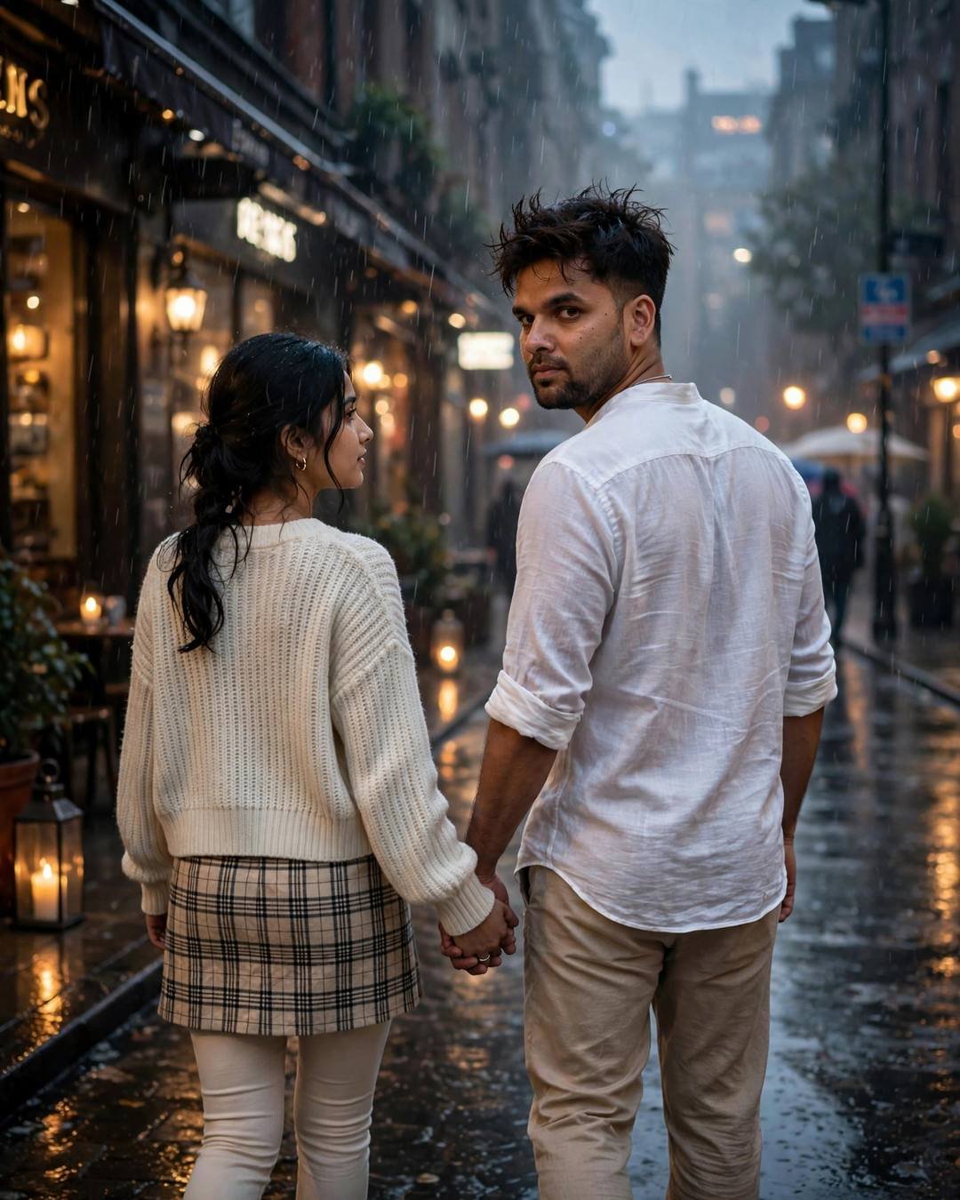 Couple walking hand in hand away from camera down a rain-soaked street, lanterns glowing, white shirt and cream knit