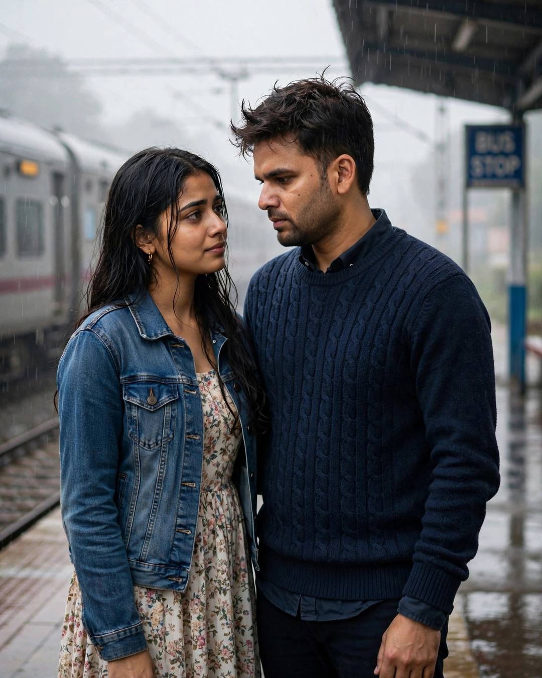 Young couple at a rainy bus stop, her hands on his shoulders, navy sweater and denim jacket over floral dress, train behind