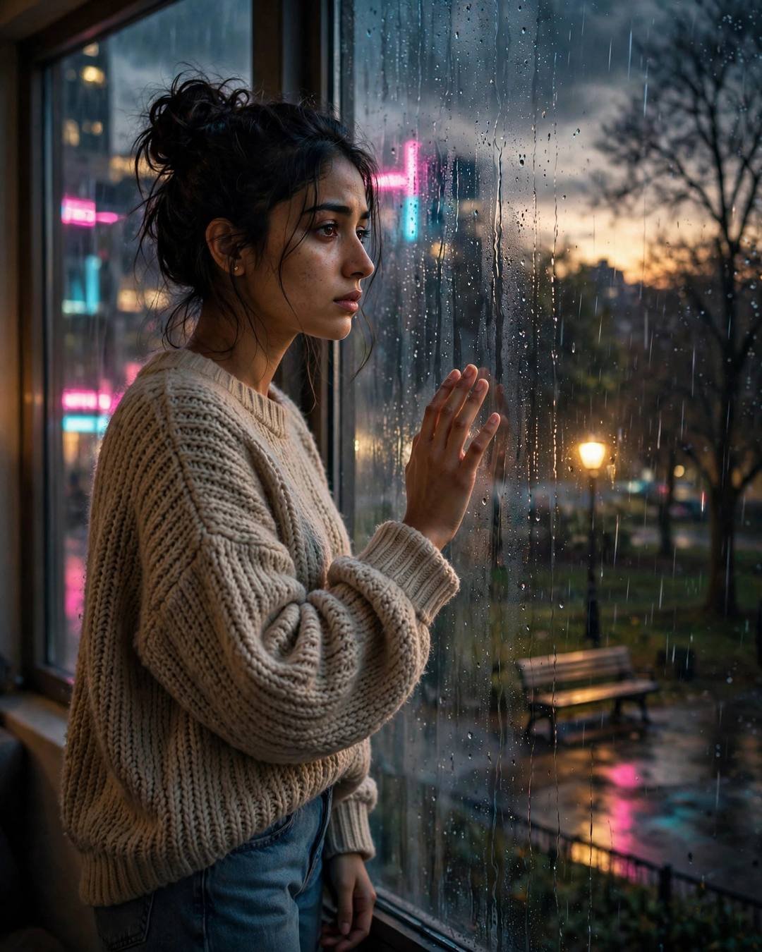 Young Indian woman in oversized beige sweater standing at a rain-streaked window, hand on glass, neon city glow