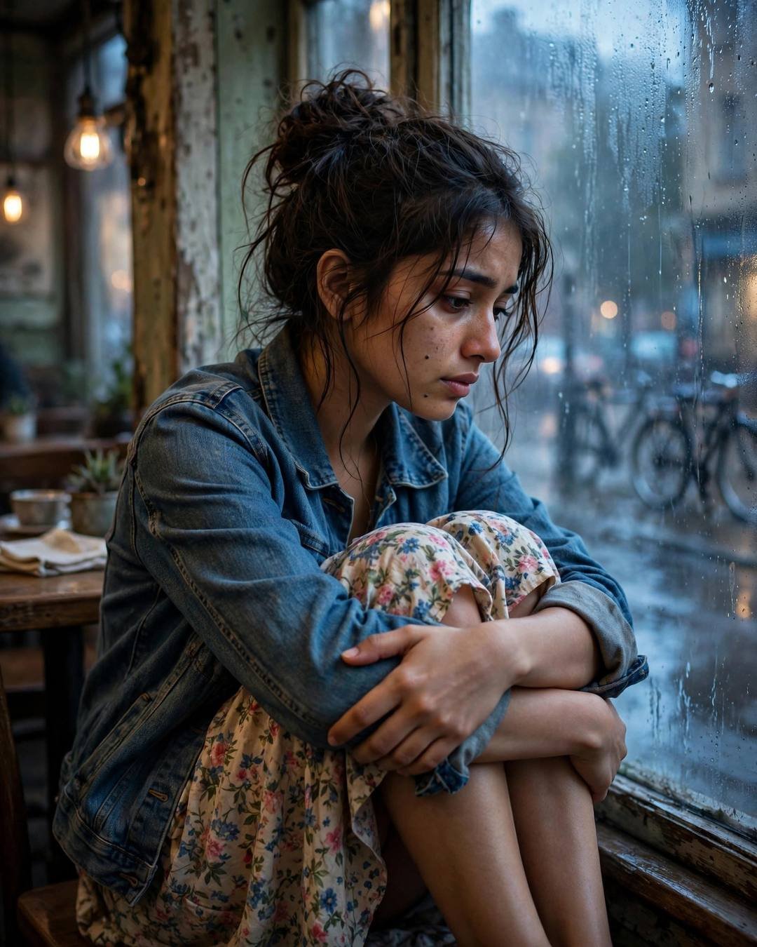 Young Indian woman in denim jacket and floral dress curled beside a fogged cafe window at blue hour