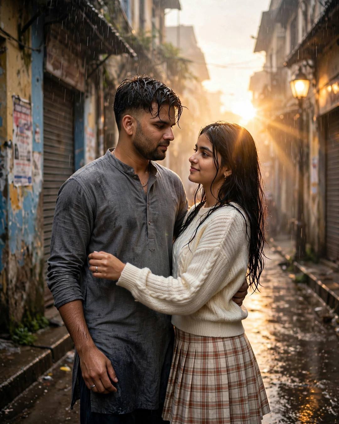 Couple slow dancing in a golden old-city lane at dawn, embracing