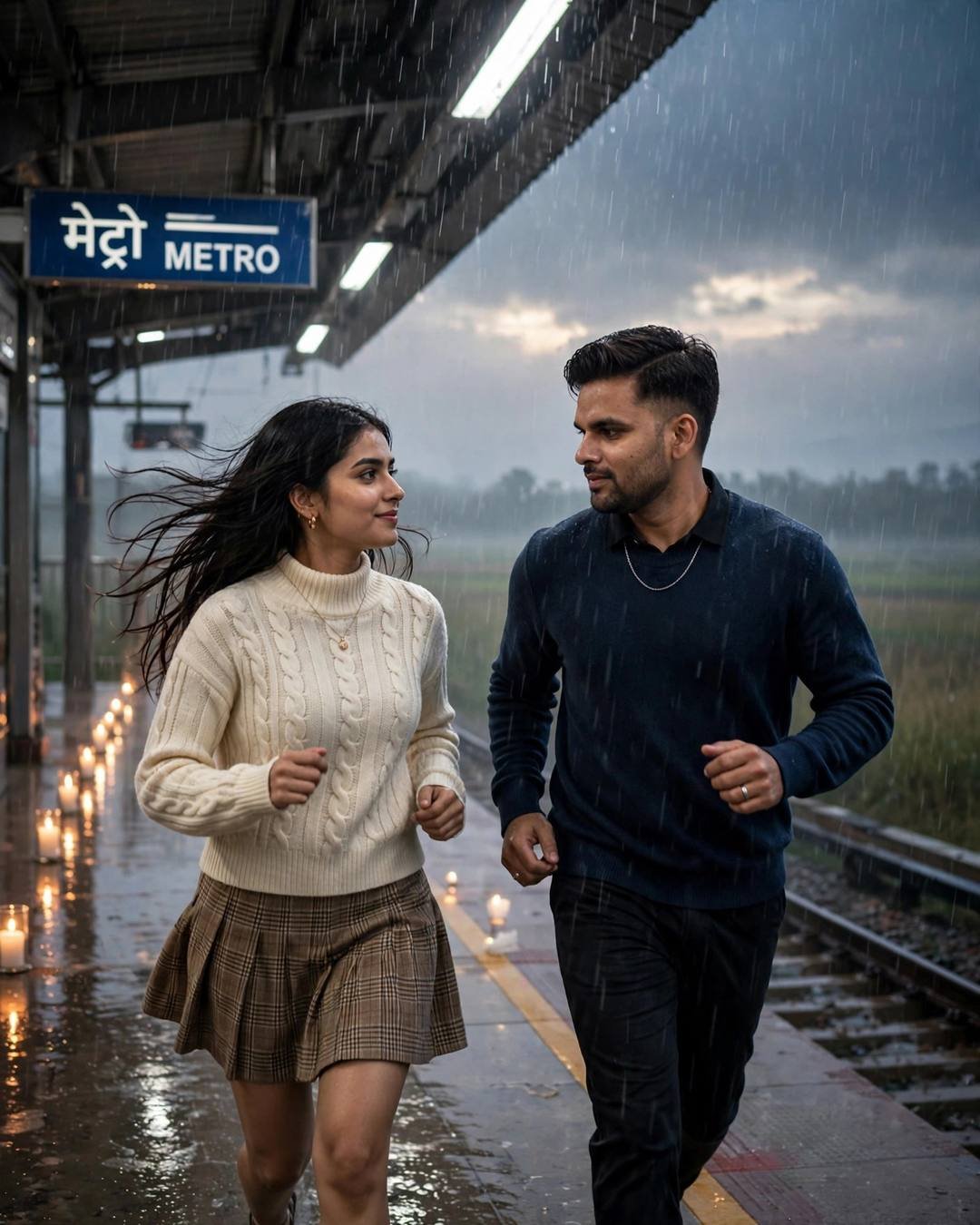 Couple running together on a rainy metro platform with candles along the tracks