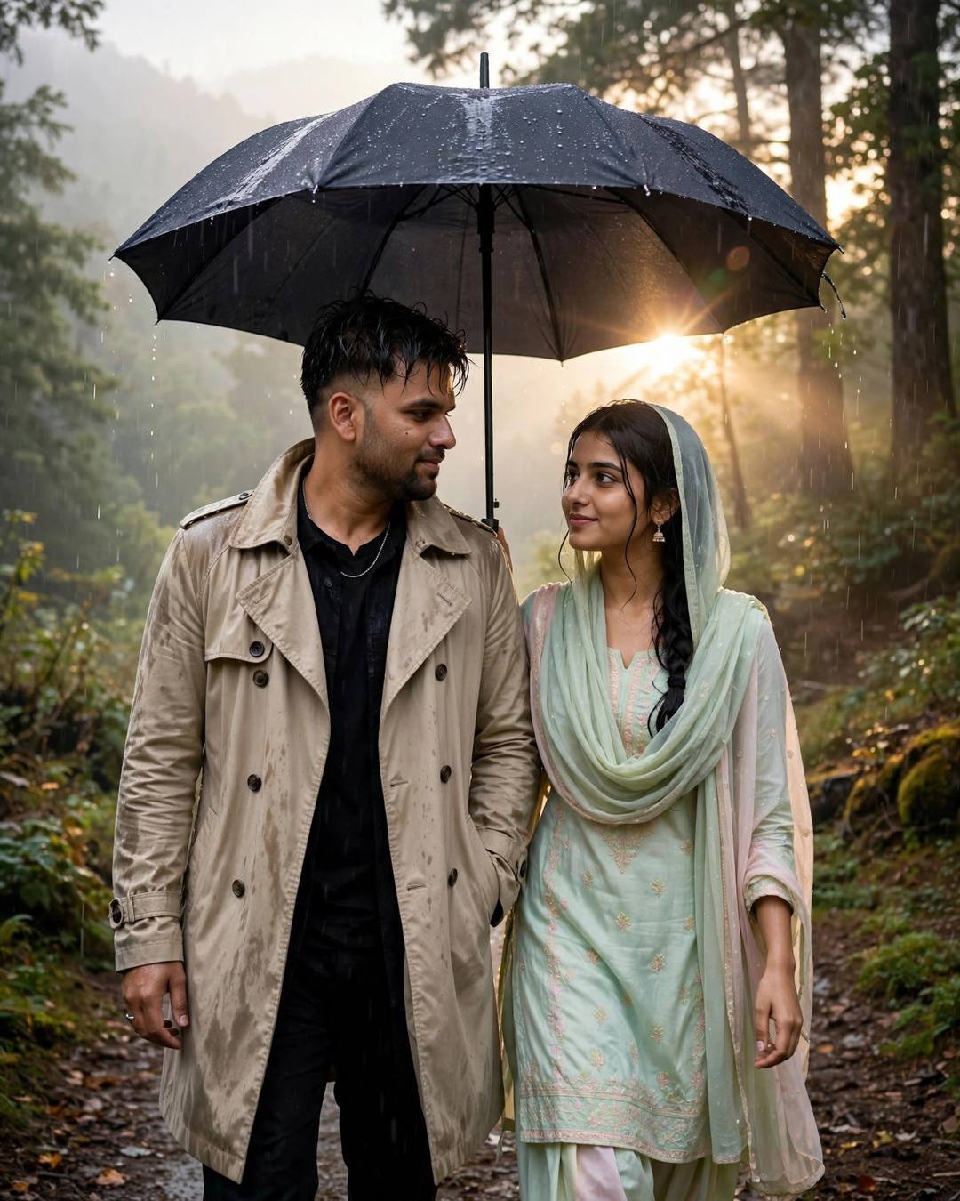 Couple walking under one umbrella on a misty forest path with golden light