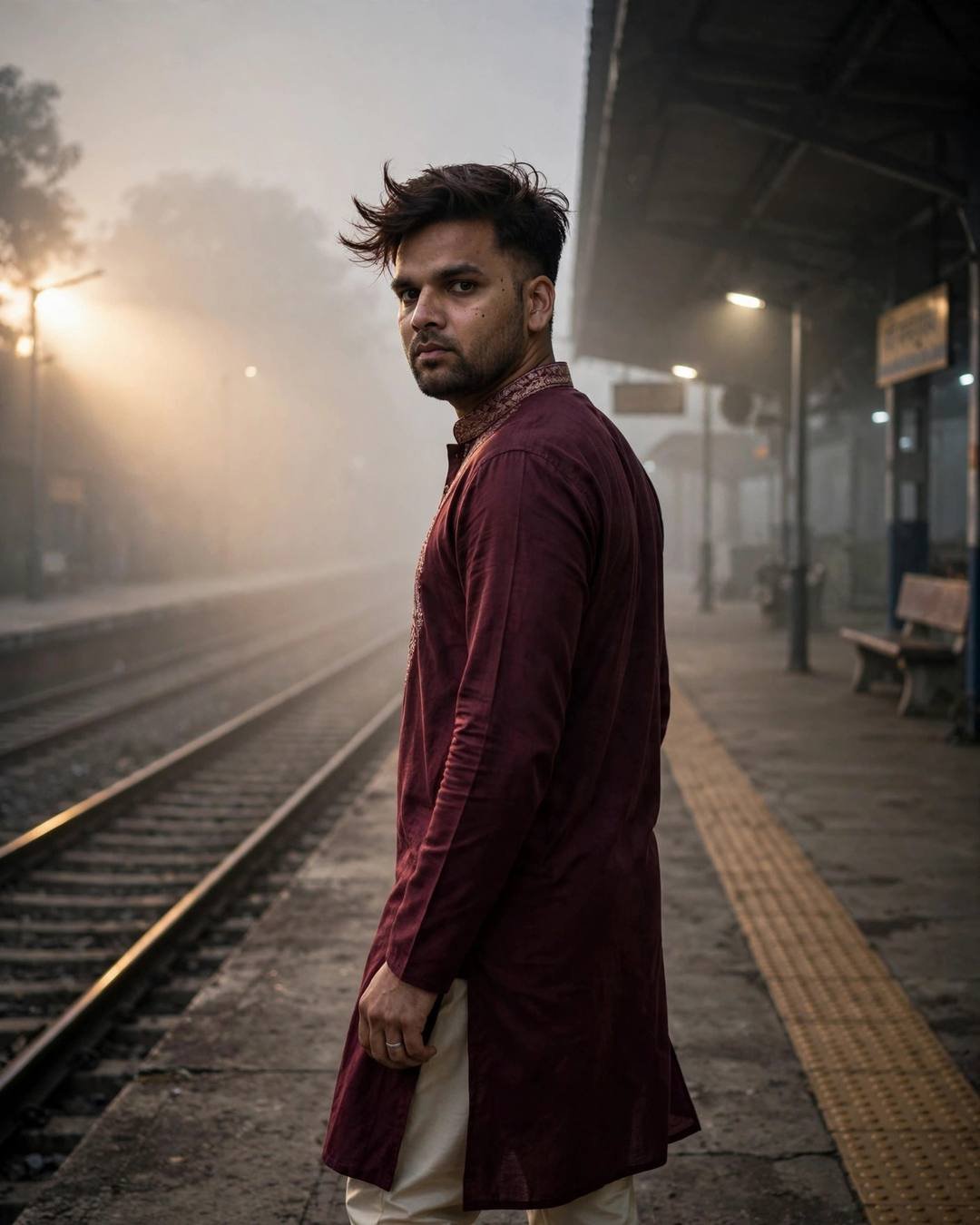 Man in maroon kurta walking away on a foggy railway platform at dawn, looking back