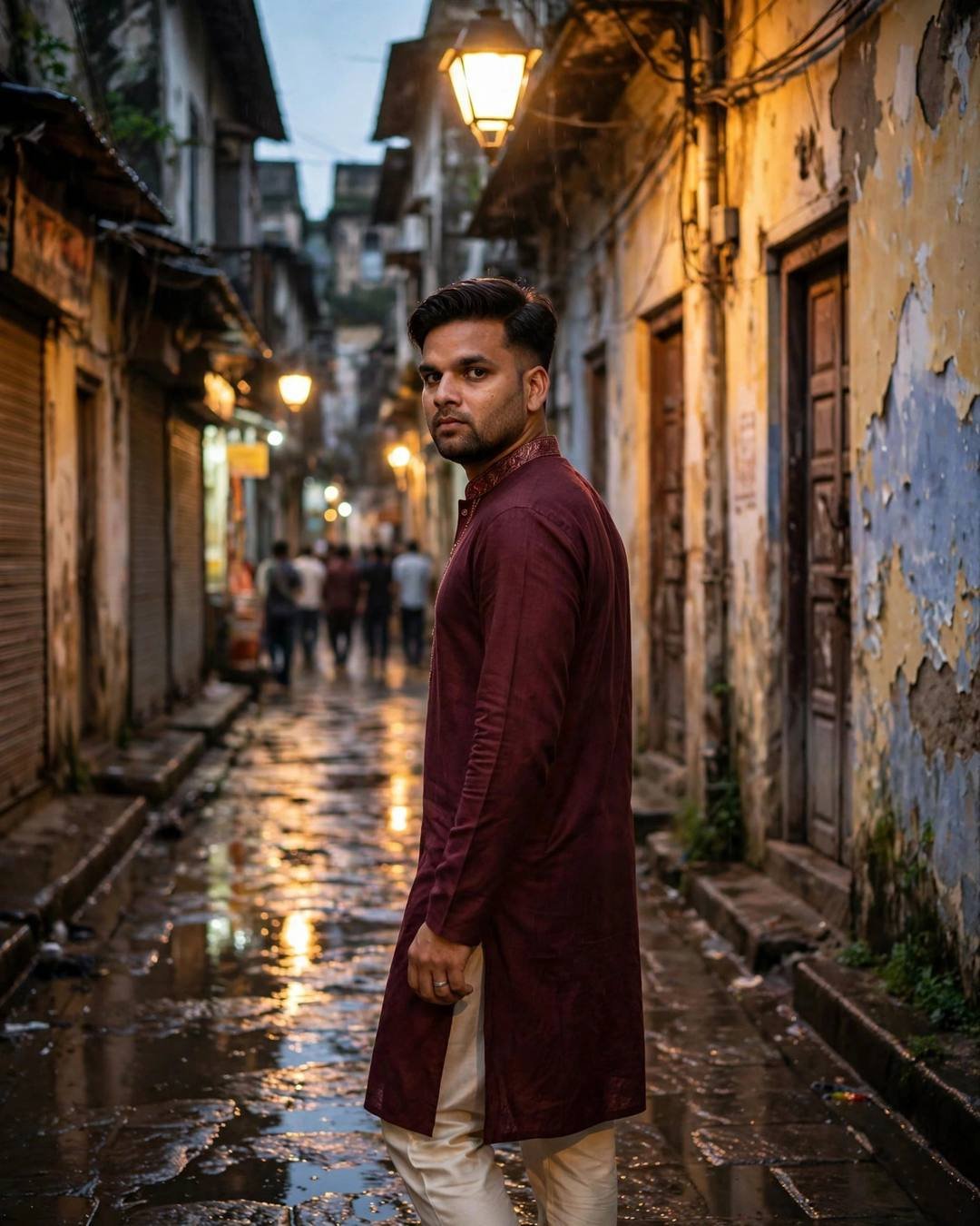 Man in maroon kurta walking through a sodium-lit old-city lane at night