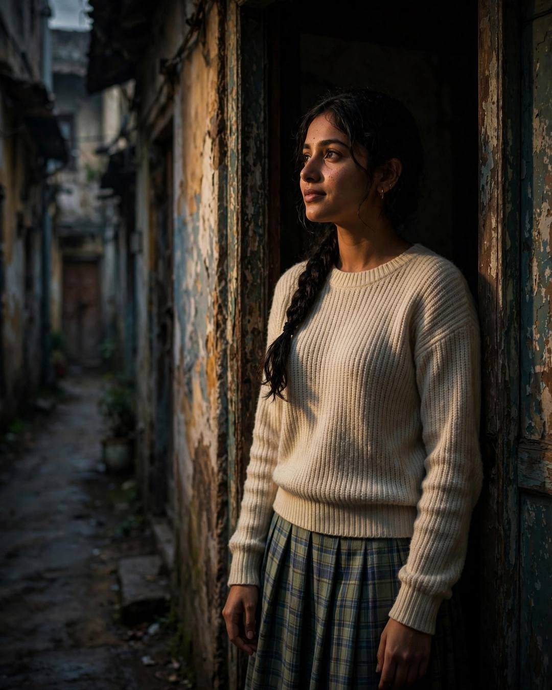 Young woman in cream knit and plaid skirt standing in an old-city doorway, dramatic side light