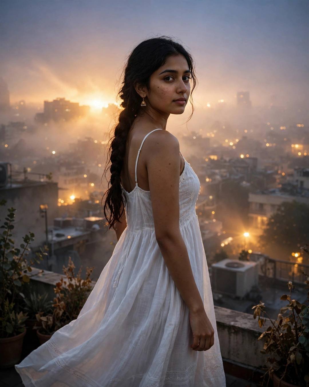 Young woman in white summer dress on a rooftop at golden hour, looking over her shoulder