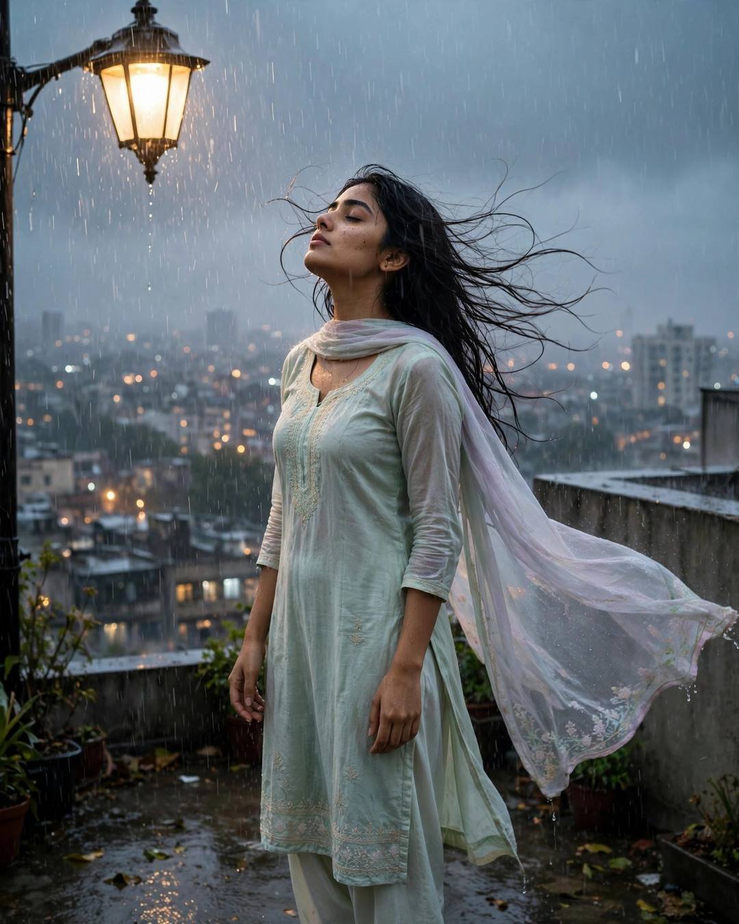 Young woman in pastel salwar under a streetlamp in heavy monsoon rain, face lifted up