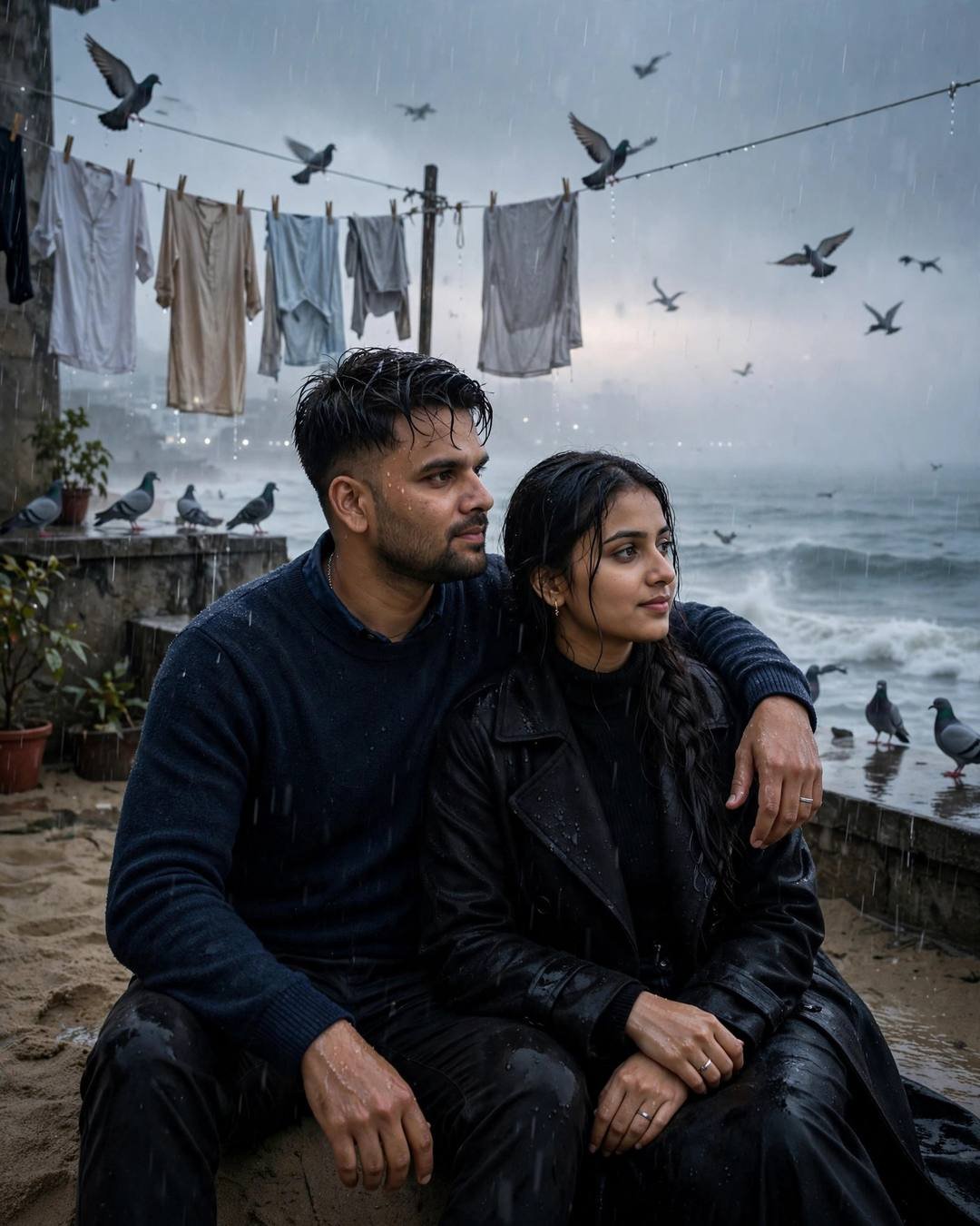 Couple sitting close on a monsoon terrace with clothes lines and pigeons, sea behind