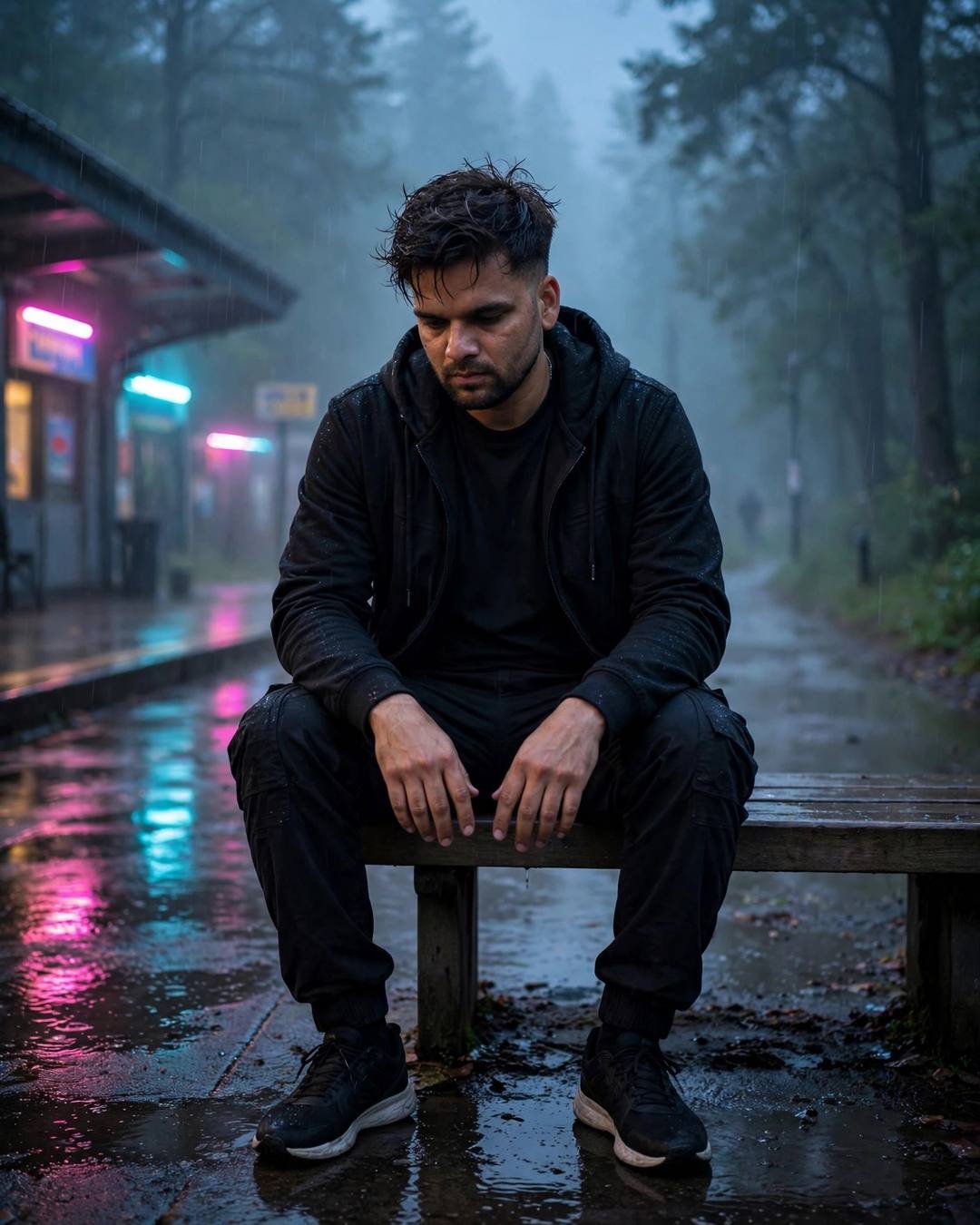 Man in black hoodie sitting on a bench on a misty forest path with neon lights in the rain