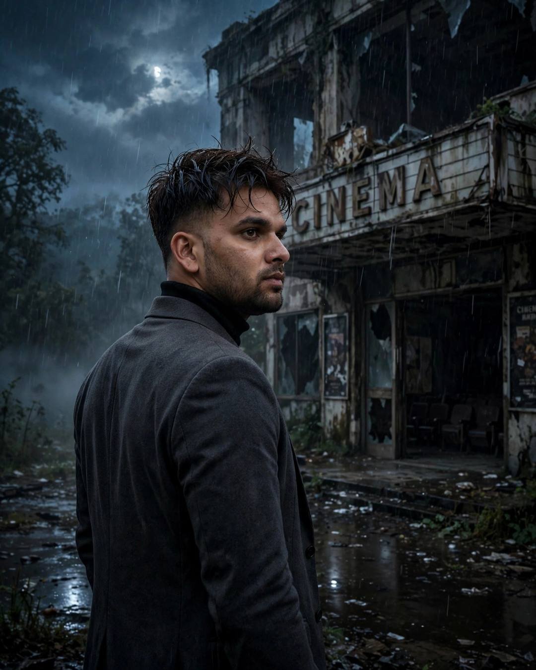 Man in charcoal blazer looking over his shoulder at an abandoned cinema in moonlit rain
