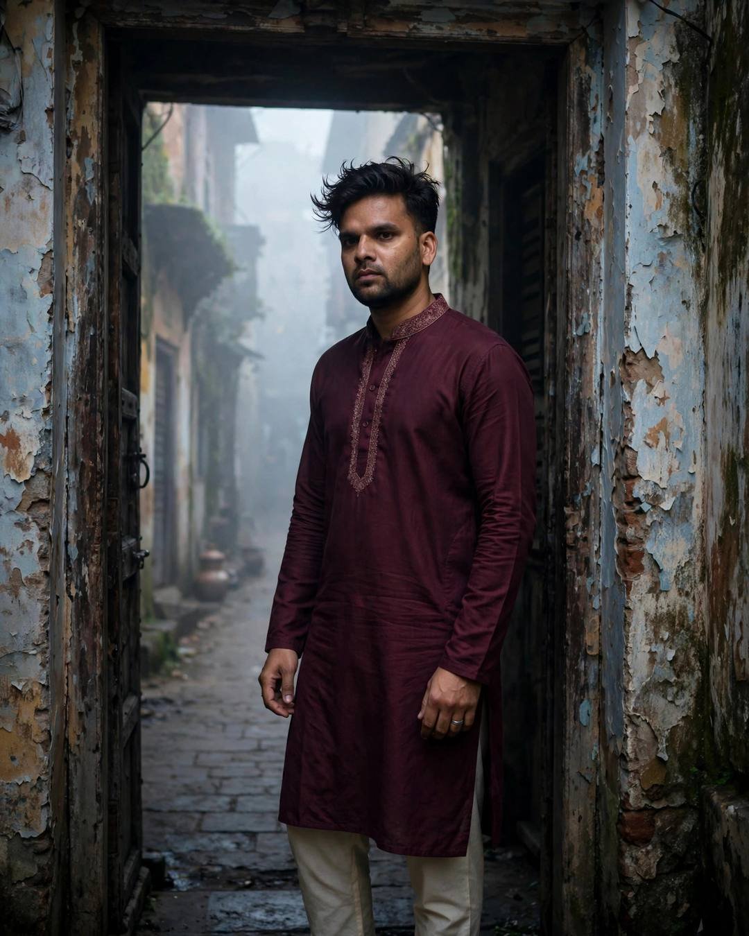 Man in maroon kurta standing in a foggy old-city doorway at dawn