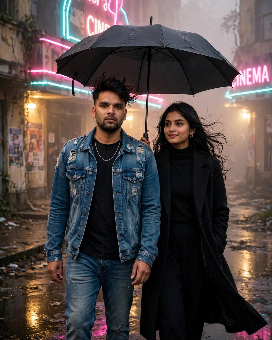 Couple walking under one umbrella at an abandoned cinema hall, fog and neon pink and cyan light, man in distressed denim jacket