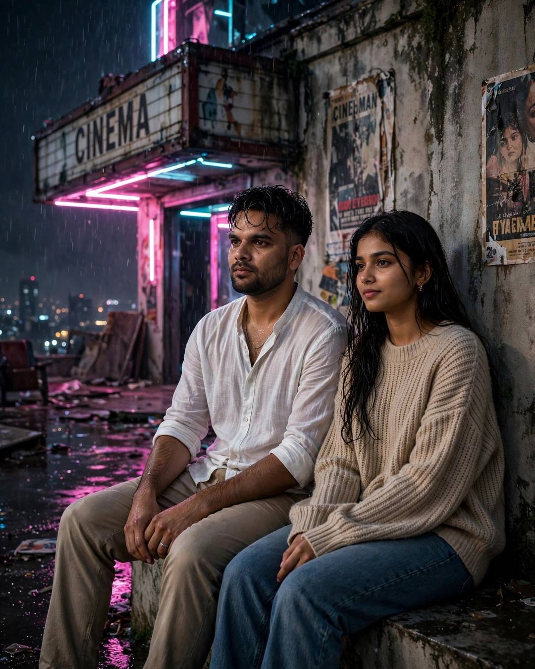 Couple sitting in silence on a rooftop by an abandoned cinema at midnight, neon pink and cyan light, light rain