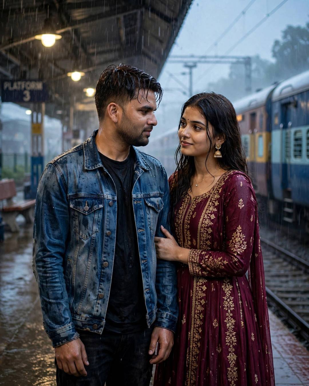 Couple on a foggy railway platform, train waiting, denim jacket and maroon anarkali, rain drumming on the roof