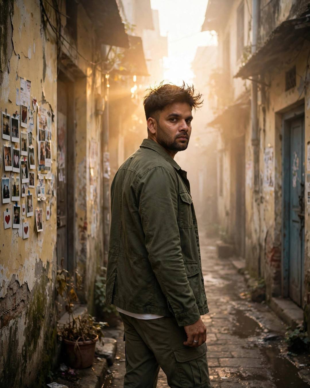 Man in olive field jacket walking down an old-city lane at golden hour, peeling walls, backlit with lens flare