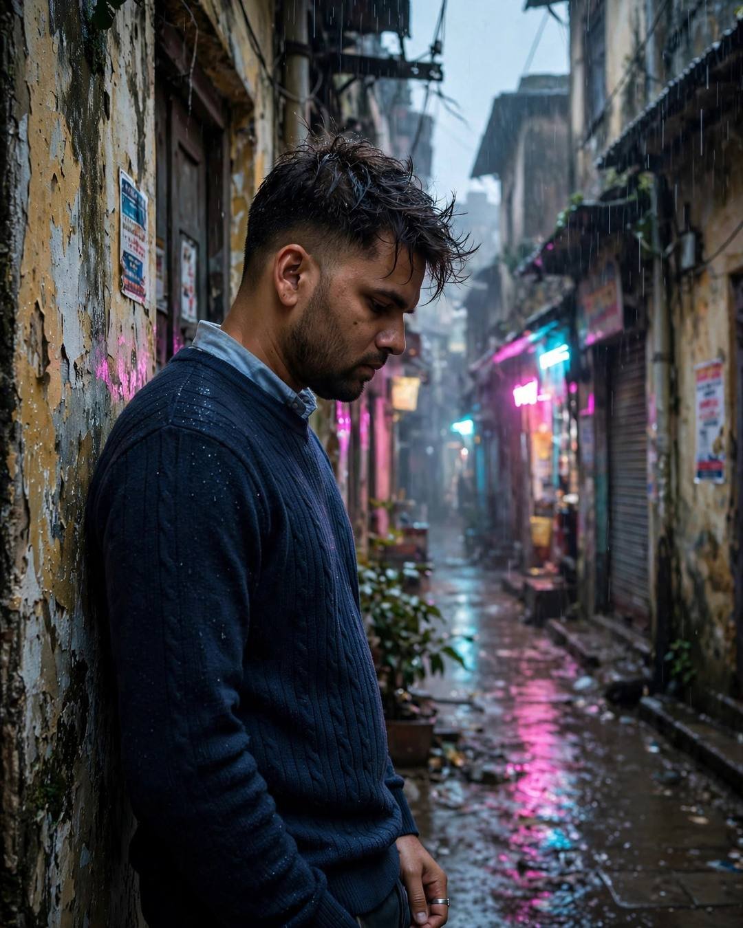 Man in navy sweater leaning against a weathered wall in a rain-soaked old-city lane with neon reflections