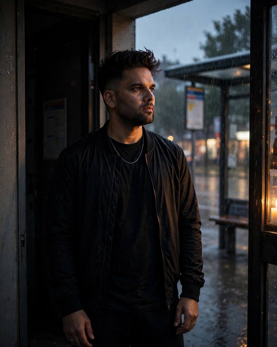 Man in all-black streetwear standing in a bus-stop doorway in the rain, candle glowing nearby