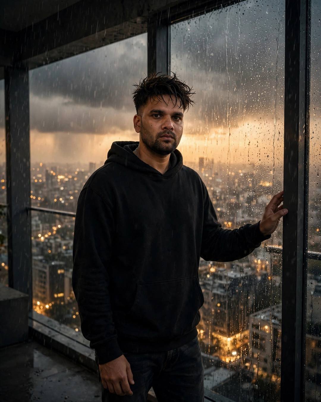 Man in black hoodie with hand on a rain-streaked window overlooking glowing city lights
