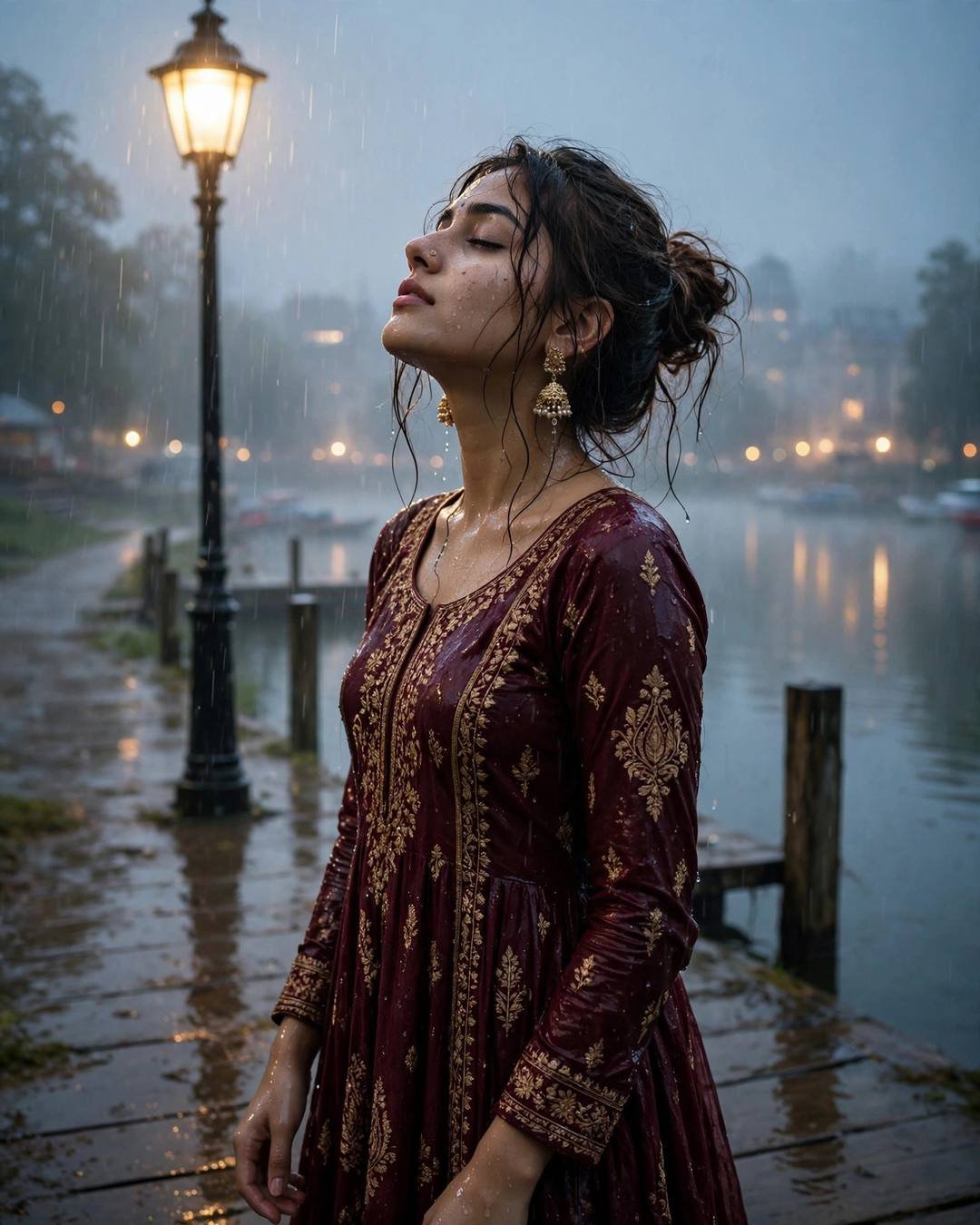 Young woman in maroon anarkali under a streetlamp at a rainy lake pier at dawn, face lifted, jhumkas swinging