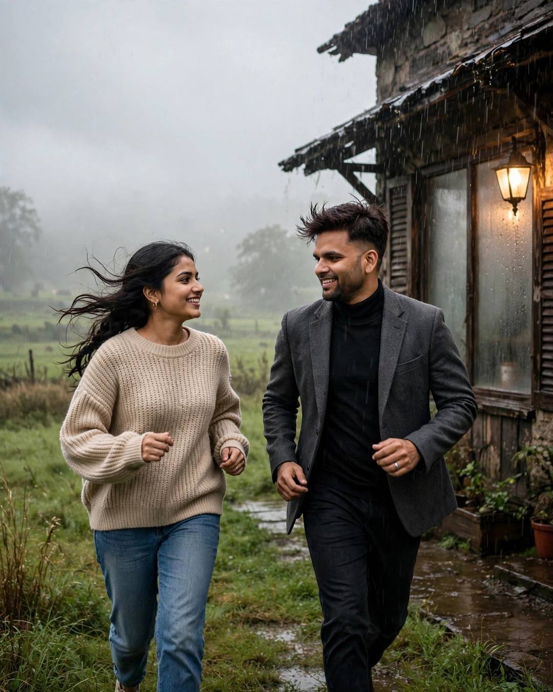 AI couple photo: man in charcoal blazer and woman in beige sweater running through monsoon rain near an old cafe