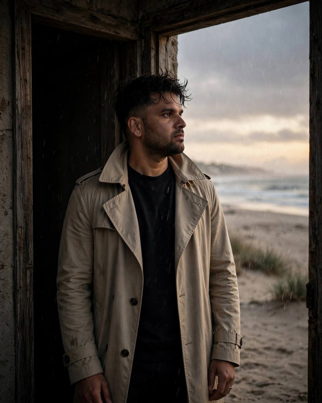 Young Indian man in beige trench coat standing in a doorway at a deserted beach at dusk, drizzle and grey sea