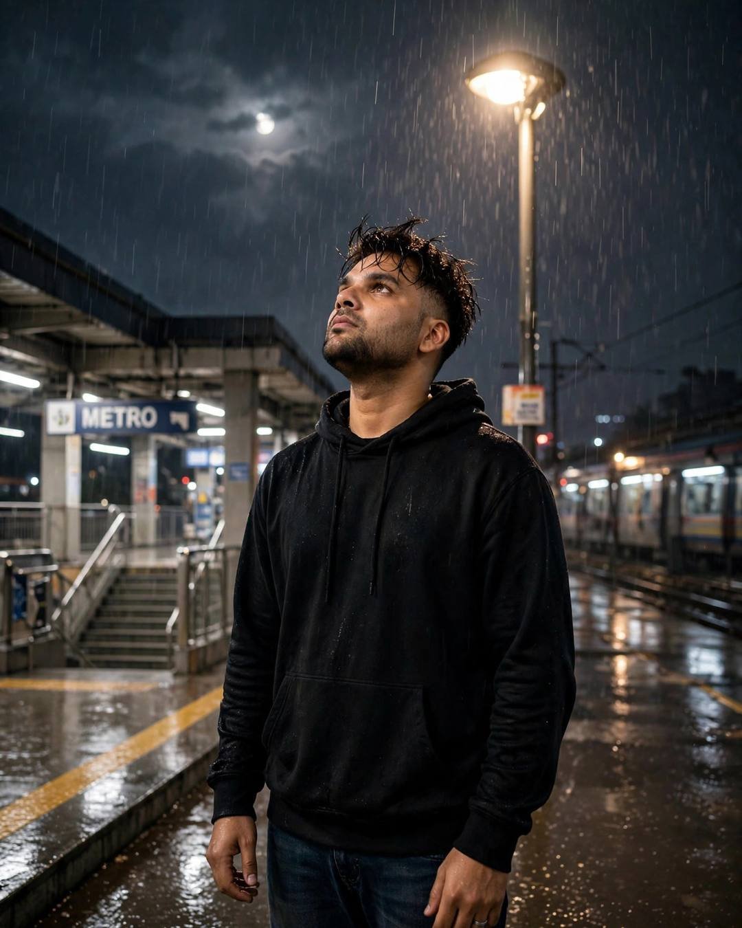 Young Indian man in black hoodie standing under a streetlamp in rain at a metro station at night, face lifted to the sky