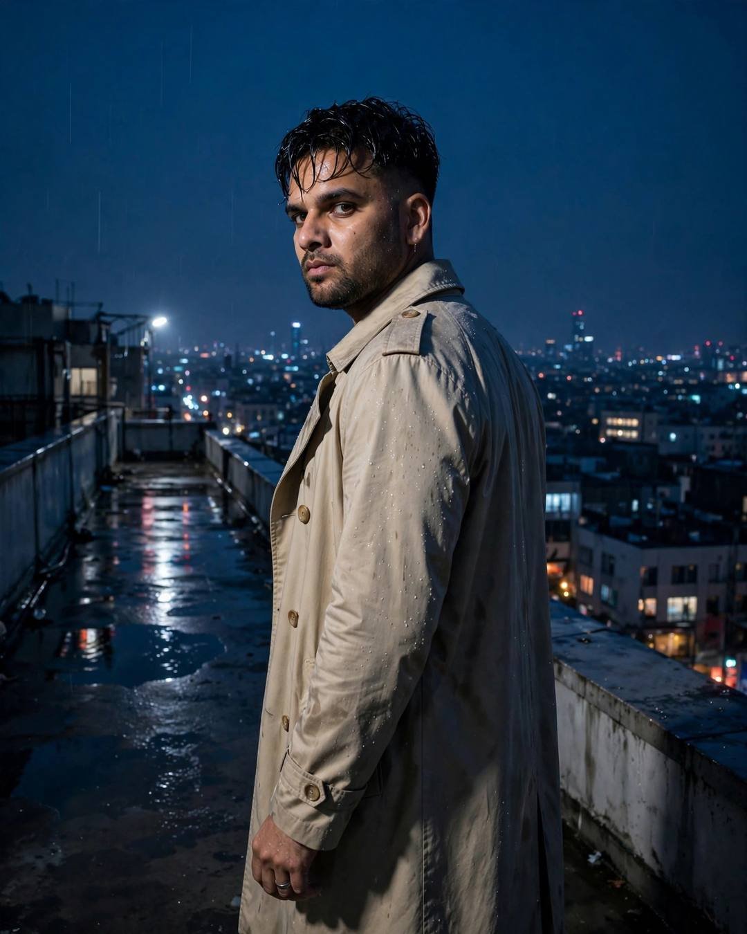 Young Indian man in beige trench coat on a rainy rooftop at blue hour, city lights behind